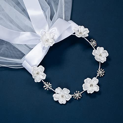 Communion Veil Girls White Floral Wreath Lace Veil (white and bow)3
