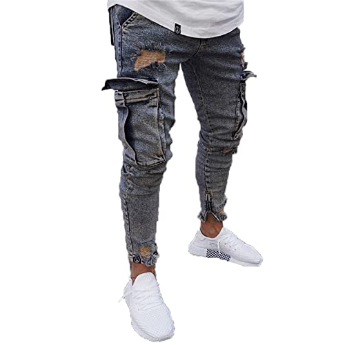 Men's Straight Slim Fit Elastic Ripped Jeans Distressed Stretchy Skinny Jean for Men Tapered Biker Denim Pants Trousers (Medium,Nostalgic Blue F)