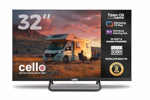 Cello CTRAV-32TZ TV LED Smart de 32" sin Marco 12V con Tizen OS de Samsung, Gaming Hub, Altavoces Pitch, HDMI, Bluetooth, Triple sintonizador