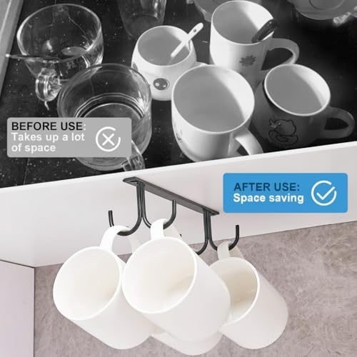 Image of Under Cabinet Mug Rack - 8 Hook Coffee Cup Holder, Under Shelf Hanging Mug Organizer for Kitchen, Bar & Utensils, Space Saving Metal Rack (Black)