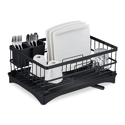 Scolapiatti per Lavello Cola Piatti con Tubo di Scarico e Vaschetta Tazze e Posate HLP 18x42x30 cm Nero