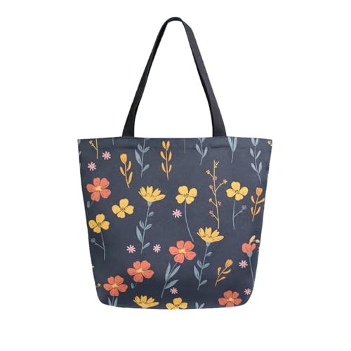 Extra Large Shoulder Tote Bag for Beach Travel Weekender Gym Yellow Orange Flowers Pattern Black Reusable Grocery Canvas Shopping Bag