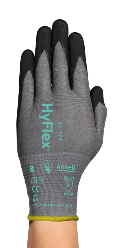 Ansell HyFlex 11-574 Gants Anti-Coupures, Enduction Nitrile Résistante à l'Abrasion, Gants de Travail Professionnels Haute Protection, Homme Femme, Gris, Taille 2XL (12 Paires)