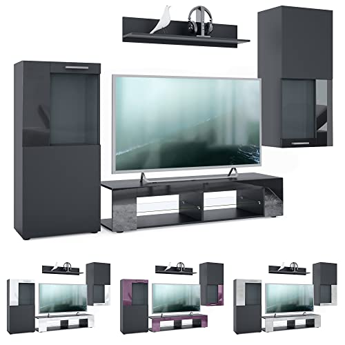 Foto von Vladon Wohnwand Movie, Anbauwand bestehend aus 1 TV-Board, 2 Vitrinen und 1 Regal, Schwarz matt/Schwarz matt/Avola-Anthrazit (Gesamt: 300 x 190 x 39 cm)