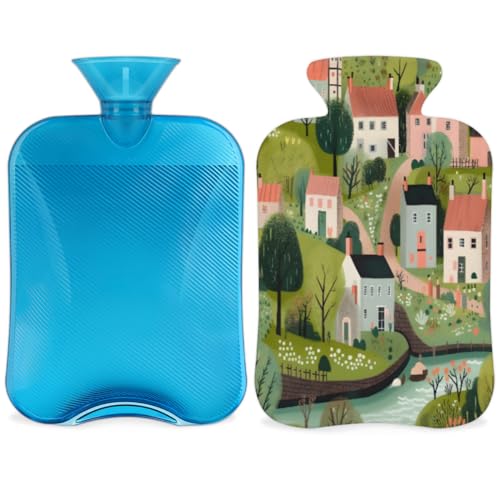 Hot Water Bottle with Soft Cover,2L Cartoon City Hot Water Bag for Hot and Cold Compress, Hand Feet Warmer, Graffiti City Rubber Hot or Cold Water Bottle Halloween Christmas Decorations