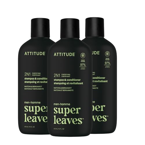 Image of ATTITUDE Men's Shampoo and Conditioner 2-in-1, Fortifying For Fragile Hair, With Caffeine and Green Tea, 97% Natural Origin Ingredients, EWG Verified, Matcha & Bergamot, 14 Fl Oz (Pack of 3)