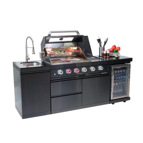 All-in-One 85 Inch Outdoor Kitchen Island, 4 Burner 72000 BTU Propane Gas Outdoor Barbecue Grill with Side Burner, Sink, Refrigerator, Rotisserie Kit, SS304 Stainless Steel, Black Granite Countertop