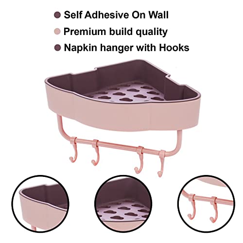 Image of Klaxon Ares Self Adhesive Corner Shelf with Towel Holder & Hooks | Wall Mounted Rack for Bathroom /Kitchen /Washbasin (Pink)