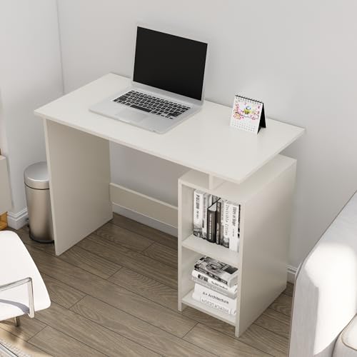 Image of Bniture Wooden Study Table for Home | Engineered Wood Laptop Study Table with Book Shelf | Multi Purpose Office Desk for Laptop, Computer, Writing & Study | Workstation for Home & Office, Frosty White