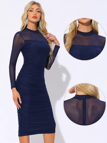 Image of Allegra K Mesh Dress for Women Long Sleeve Mock Neck Ruched Bodycon Dresses