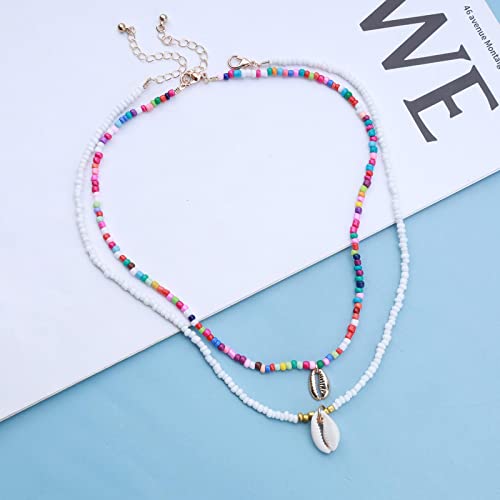 Andelaisi Boho Layered Rainbow Seed Bead Necklace Choker Vintage Cowrie Pendant Necklace Colorful Rice Bead Choker Necklace Beach Cowrie Shell Necklace Chain Jewelry For Women And Girls #TOP1