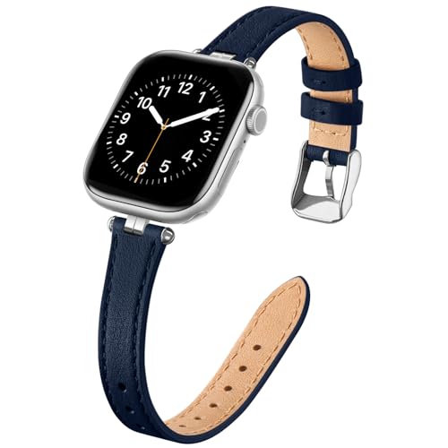 STIROLL Thin Leather Band Compatible with Apple Watch Bands 49mm 46mm 45mm 44mm 42mm (Series 3/2/1) Women, Stylish Top-Grain Leather Strap Slim Wristband for iWatch SE3/2/1 Series 10 9 8 7 6