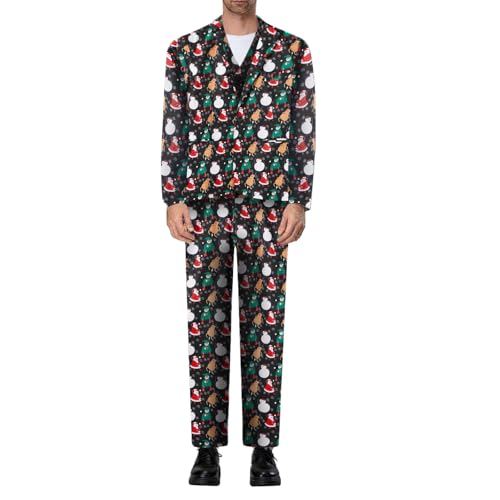 Men's Christmas Suit 3 Piece Slim Fit Xmas Printed Blazer Jacket Pant Vest Formal Dress Party Prom Outfits (#1-Black Snowman, M) - Main Image