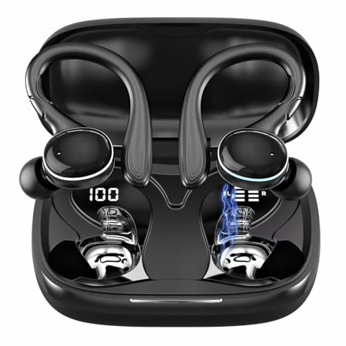 Beniduck Wireless Earbuds Bluetooth 5.3 Headphones Stereo Ear Buds, ENC Noise Cancelling Mic,IPX7 Waterproof Earphones with Hook for Android iOS Smart Phone Laptop Computer Sports - Black
