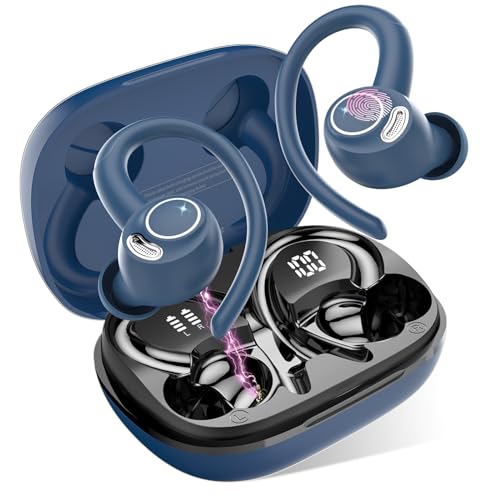 Jesebang Auriculares Inalámbricos Deportivos, Auriculares Bluetooth 5.3 con HD Micrófono, Sonido Premium, 40H de Reproducción, Pantalla LED, Cómodos de Llevar, Cascos Inalambricos con Gancho, Azul