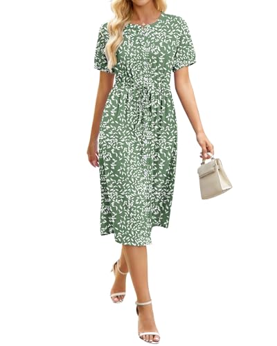 AUSELILY Damen Kurzarm Sommerkleid Knopfleisten Shirtkleid Rundhals Kordelzug Midikleid A-Linie Freizeitkleid Taschen