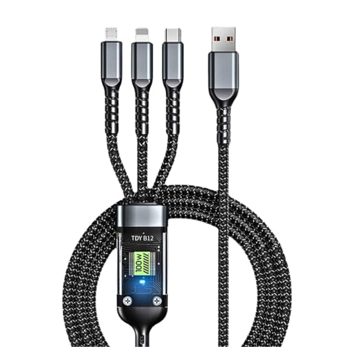 Image of Umake 100W 3-in-1 Fast Charging Cable 1M, USB to Type-C, 8 Pin & Micro USB Nylon Braided Data Sync Cord Compatible with Vivo, Samsung, Oppo, Redmi & OnePlus (BIS Certified)