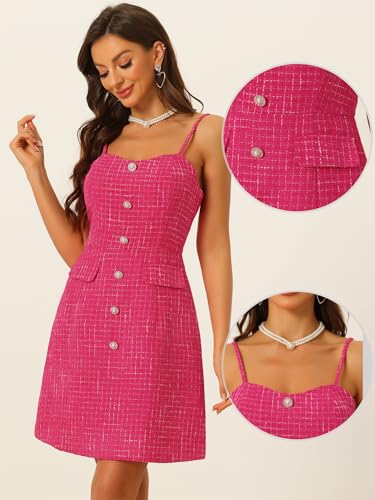 Image of Allegra K Plaid Dress for Women's Button Decor Spaghetti Strap Tweed Dresses