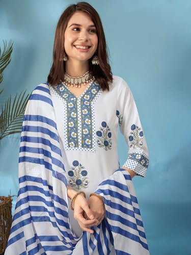 Image of Tee Projekt Women's Cotton Blend Floral Printed Straight Kurta Pant with Dupatta Set ll V Neck Kurta Set