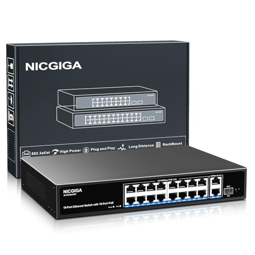 16 Port PoE Switch Unmanaged, 16 Port PoE+@250W, 2 Gigabit Uplink Ports, 1 SFP Port, NICGIGA 19 Port Network Power Over Ethernet Switch, VLAN Mode, AI Watchdog 19 inch RackMount, Plug and Play.