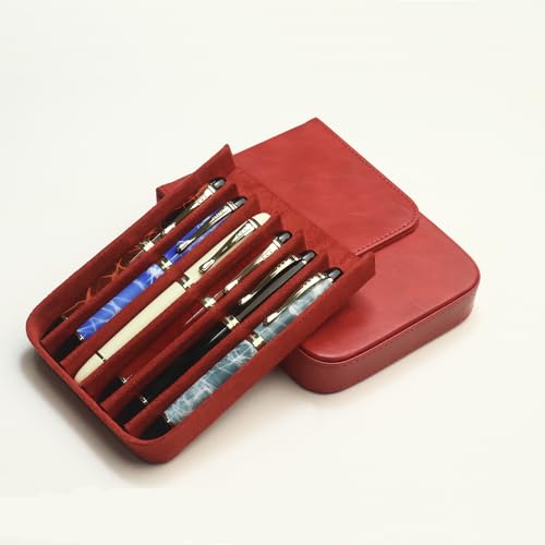 Image of 6Slots Leather Fountain Pen Case Collector Organizer - Handmade Pen Case Vintage Crazy Horse Print Leather Pen Protective Sleeve Cover Pen Storage Gift Box (6slot-Red)