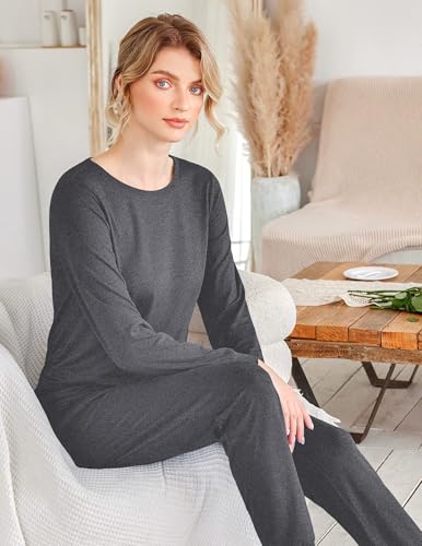 Image of Ekouaer 2 Pack Pajama Sets for Women,Long Sleeve Top With Jogger Pants Lounge Set Sleepwear with Pockets