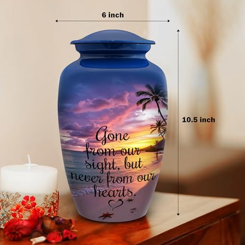 Image of Cremation Urn for Human Ashes Adult - Beach Sunset Printed Funeral Urn for Men & Women, Large Decorative Memorial Urn, Burial Urn with Velvet Bag, 200 Cu /in