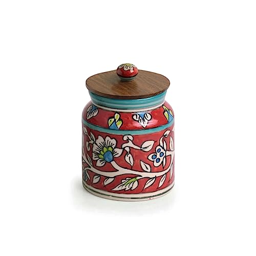 Image of ExclusiveLane 'Mughal Floral' Ceramic Containers with Lid & Tray (Airtight, Set of 2, 440 ML) | Multi Utility Kitchen Container Set Ceramic Jars with Wooden Lid & Container for Kitchen Storage Set