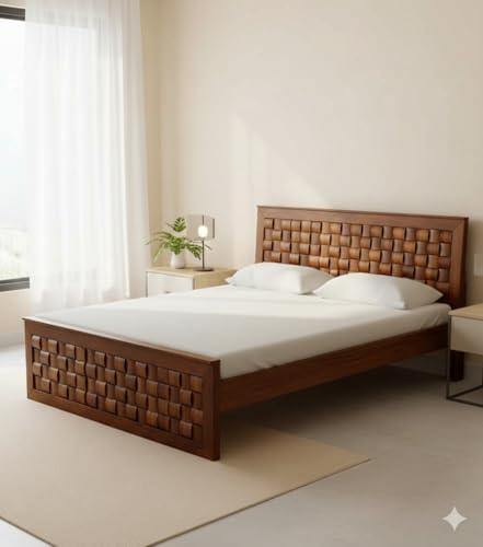Image of SANKATMOCHAN Industries Solid SHEESHAM Wood King Size Bed Double Bed Furniture for Bedroom Living Room, Home & Hostel (Honey Finish) Matters Size (6 * 6.5) (NIVORA King)
