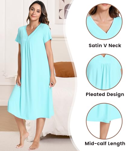 Image of NACHILA Bamboo Viscose Nightgowns for Women Short Sleeve V Neck Sleepwear