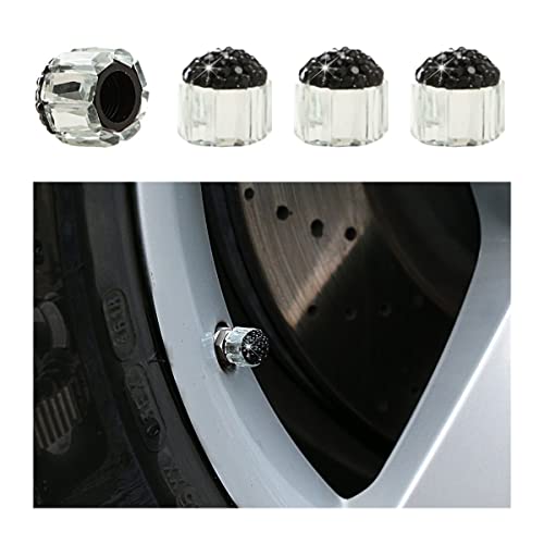 AUCELI 4 PCS Bling Auto Tire Valve Caps, Crystal Rhinestone Car Tire Valve Stem Covers, Dustproof Car Wheel Tire Valve, Universal Vehicle Accessories Fit for Car SUV Bicycle Truck Motor (Black)