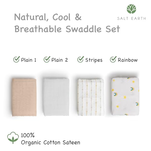 Image of Salt Earth GOTS Certified 100% Organic Cotton 2-Layered Swaddle Baby Blanket, 4 Pack, 47 inchx47 inch Receiving Blankets for Swaddling, Wrap for Boy & Girl, Newborn Baby Essentials, Registry(Solids & Rainbow)
