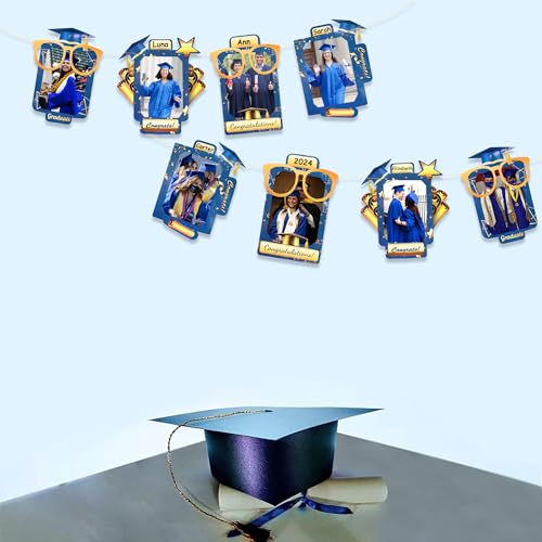 Image of pinkblume Graduation Party Decorations Navy Blue and Gold Grad Photo Banner Royal Blue Gold Congrats Grad Photograph Bunting Garland for 2026 Graduation Celebration Party Decorations Supplies