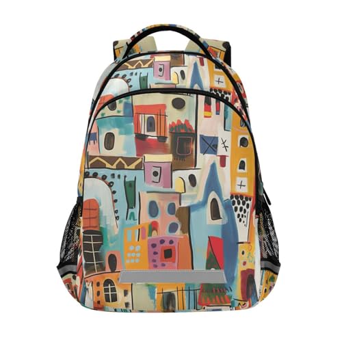 -style Colorful Buildings backpacks for kids with chest clip bookbags for student mochila para ni?a