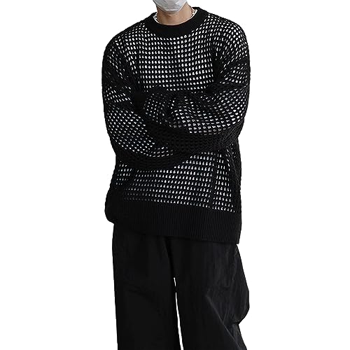 Men's Fall Loose Sweater Solid Color Hollow Out Round-Neck Long Sleeve Sweaters Spring Fall Knitwear Jumper Tops4