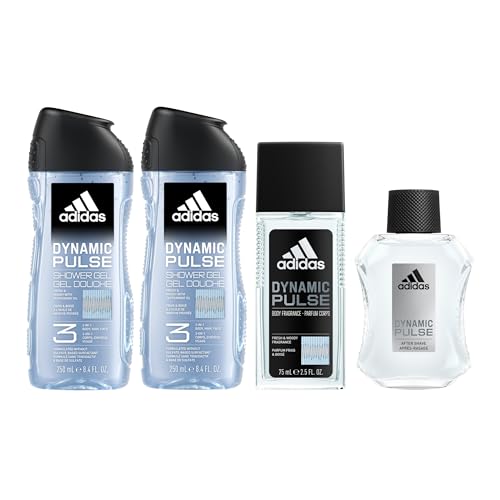 Image of Adidas Dynamic Pulse Aftershave Giftset - 1.6 fl oz EDT + 2.5 fl oz + 8.4 fl oz + 13.5 fl oz Shower Gel, Notes of Mint, Apple, and Wood, Men's Fragrance, Long Lasting, Sporty