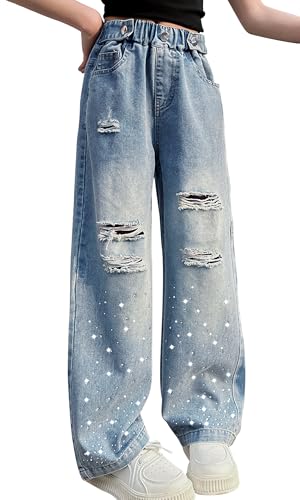 NEAWEALY Girls Jeans Ripped Kids Baggy Wide Leg Denim Pants Y2K Vintage Sequins Streetwear 11-12 Years