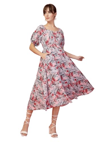 Image of OOMPH! Below Knee Shift Pink Dress in Crepe Fabric with Round Neck and Puff Sleeves - md619l