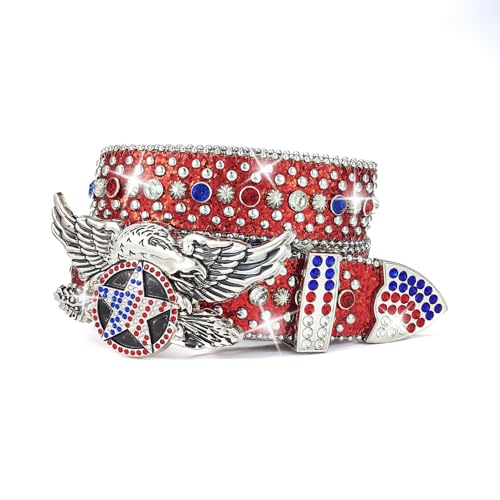 Rhinestones Leather Belts Bling Studded Western Shiny Sequin Strap with Engraved Flying Eagle Round-Star Buckle2