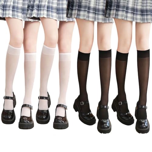 [Eukkis] ハイソックス ストッキング レディース靴下-4足セット ロングソックス 無地シンプル 極薄 透け 夏 可愛いハイソックス ブラック ベージュ