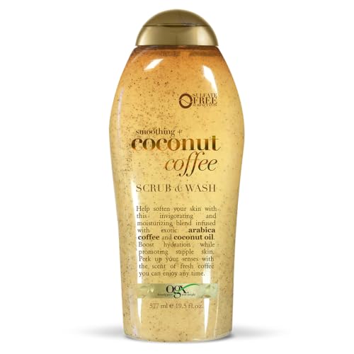 OGX Smoothing + Coconut Coffee Exfoliating Daily Body Scrub with Arabica Coffee & Coconut Oil Hydrating & Moisturizing Body Wash for Dry Skin Paraben-Free with Sulfate-Free Surfactants 19.5 Fl Oz