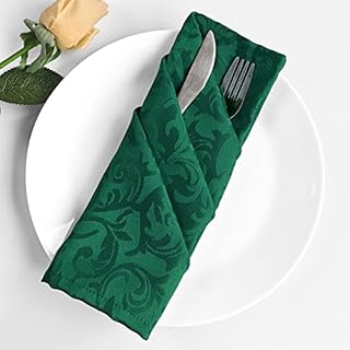 Trimming Shop Kitchen Dining Table Napkins, 10 Pack (20" x 20"), 100% Polyester Dinner Cloth Napkins, Damask Scrolled Leaves Pattern Green Table Napkins for Home, Hotel, Wedding, Birthday Party