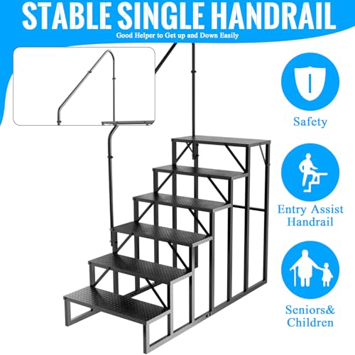 Image of RV Stairs 6 Step Ladder, RV Steps Anti-Slip, Hot Tub Steps with Handrail, 660 lbs RV Ladder for 5th Wheel RV, Mobile Home Stairs