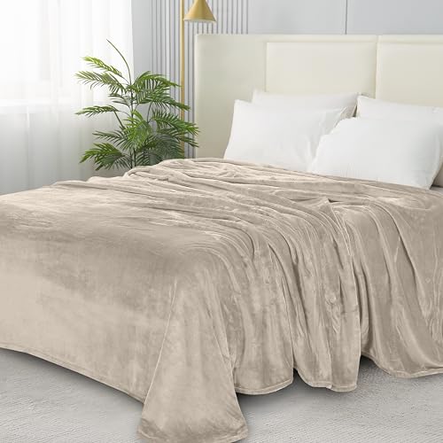 Elegant Comfort Luxury Velvety Softness Fuzzy Plush Micro-Velour Ultra-Soft Blanket, Full/Queen, Cream-Beige