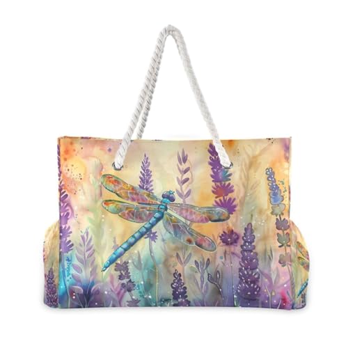Watercolor Dragonfly Lavender Beach Bag for Women Large Beach Tote Bag with Zipper for Travel Vacation