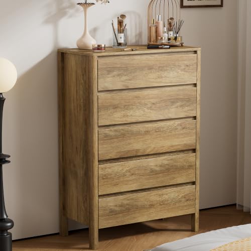 Image of Furniway 45 inch Tall 5 Drawer Wood Dresser for Bedroom with Legs, Natural Oak