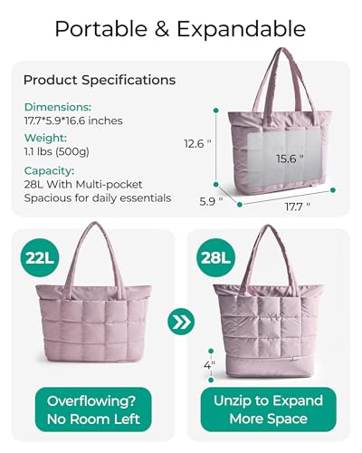Image of BAGSMART Expandable Tote Bag for Women, Puffer Work Tote Handbag, Quilted Carry On Bag for Travel Gym