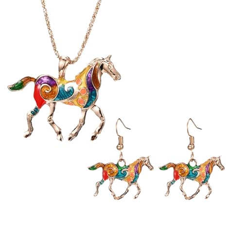 Dreuyet Horse Necklace and Earrings Sets Colorful Enamel Hand Painted Horse Pendant Necklace and Earrings Set Charms Rainbow Horse Fashion Jewelry Set for Horse Lovers Owner Rider Horse Jewelry (Gold Set)