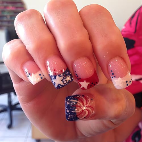 4th of July Glitter French Tips Press on Nails Square Fake Nails Independence Day Fireworks with Rhinestones Design False Nails Full Cover Glossy Patriotic Stars for Women Manicure Decoration 24Pcs