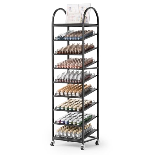 OmySalon Rolling Nail Polish & Powder Display Stand - 8 Tier Mobile Nail Salon Organizer Rack with Wheels, Holds 600 Bottles & 240 Jars for Nail Artists, Salon Display, Retail Store (Black)
